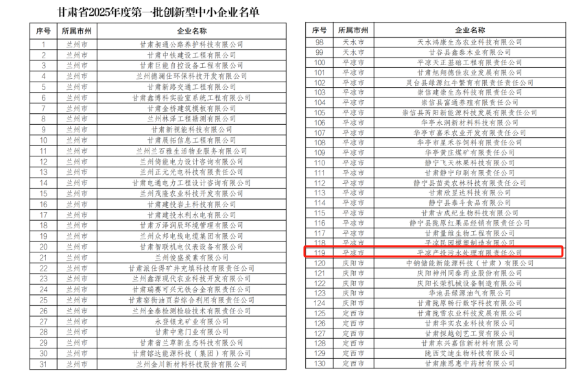 喜報！市產(chǎn)投集團(tuán)污水處理公司成功入圍甘肅省2025年度第一批創(chuàng)新型中小企業(yè)！(圖1)